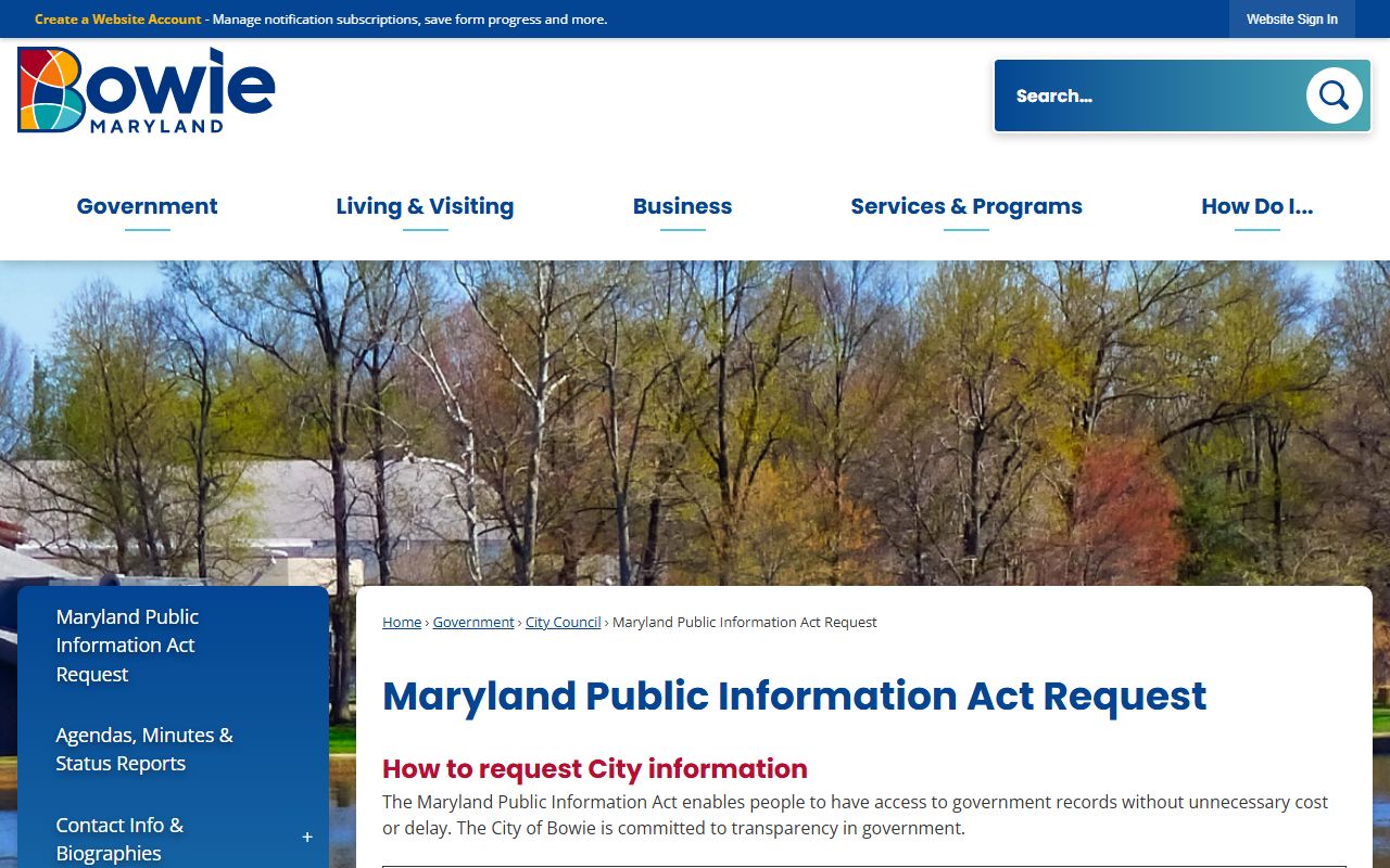 Bowie Maryland Public Information Act request page for white pages records