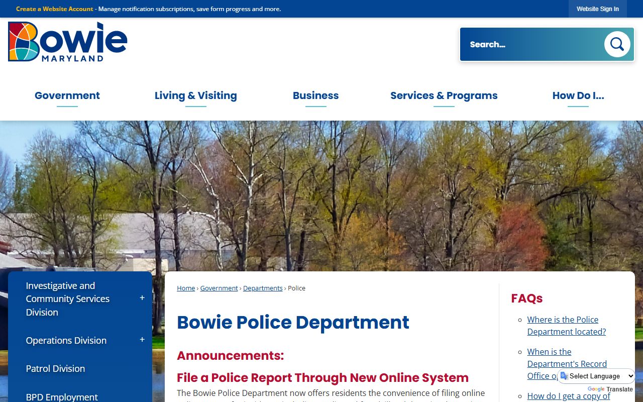 Bowie Police Department website for Bowie white pages records lookup