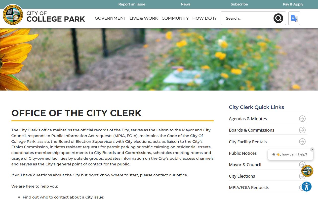 College Park City Clerk office for white pages public records requests