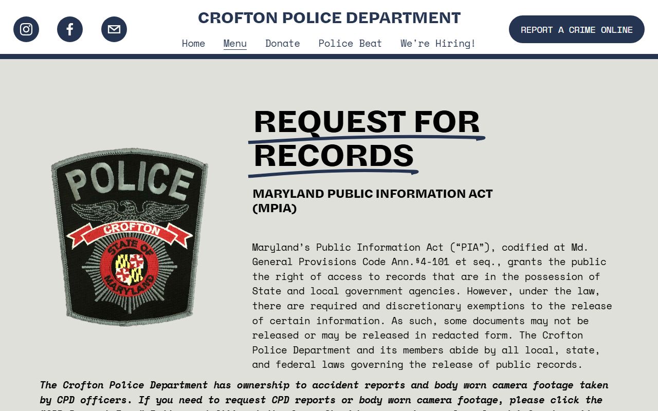 Crofton Police MPIA request page for white pages public records access