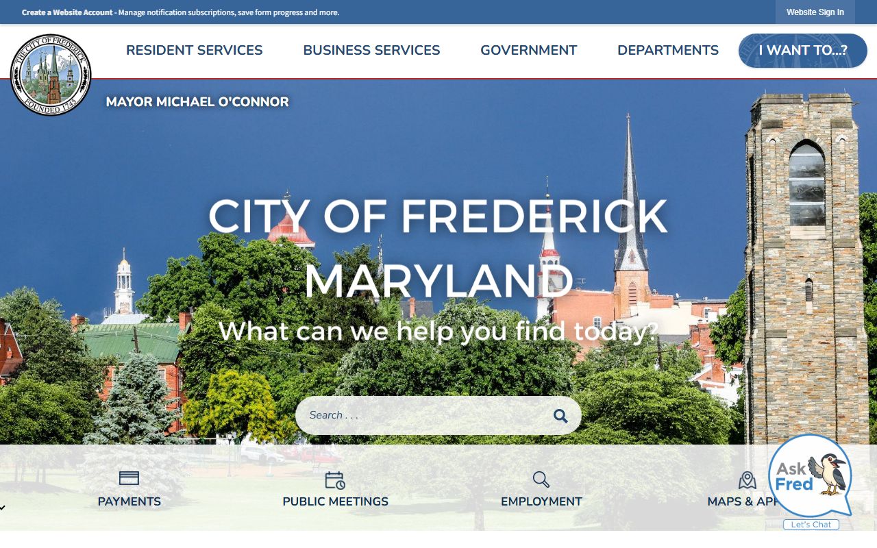 City of Frederick government website homepage for white pages resources