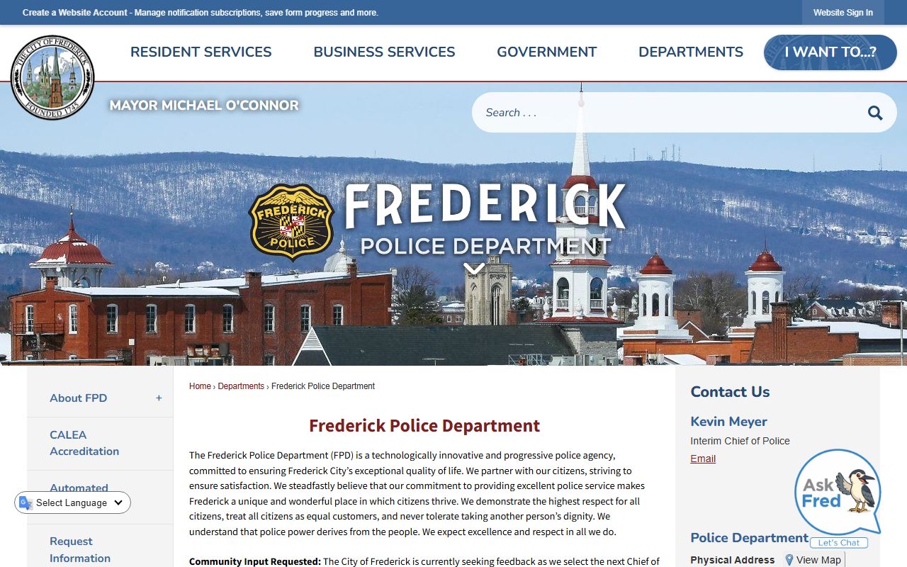 Frederick Police Department website for Frederick white pages records lookup