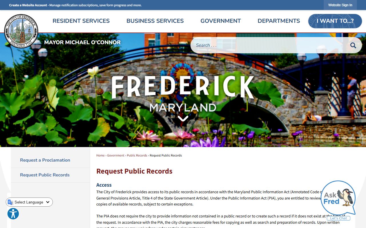 City of Frederick public records request page for white pages searches
