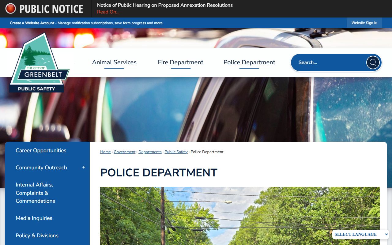 Greenbelt Police Department website for Greenbelt white pages law enforcement records
