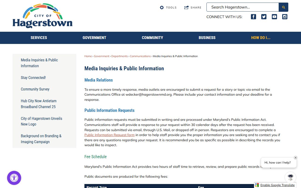 Hagerstown PIA request page for white pages public information access