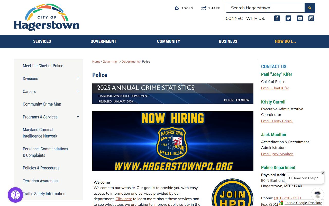 Hagerstown Police Department page for Hagerstown white pages records lookup