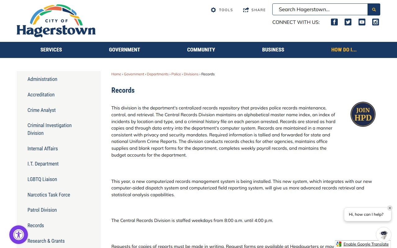 Hagerstown Records Division page for white pages public records requests