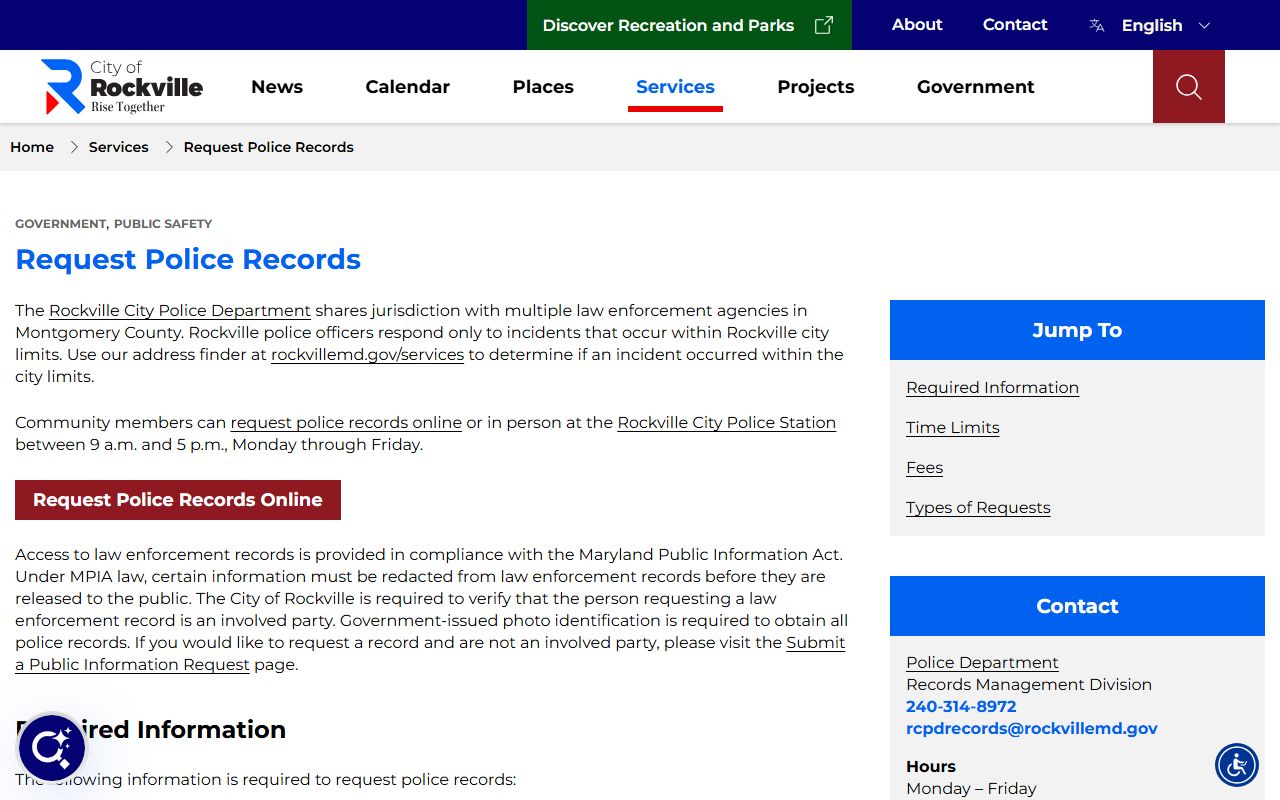 Rockville Police Department records request page for Rockville white pages